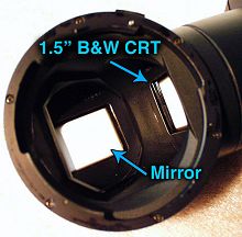 Eyepiece removed, detail of CRT and mirror assembly.