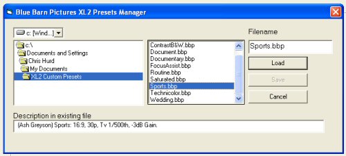 The file-save menu interface for the XL2 Presets Manager.